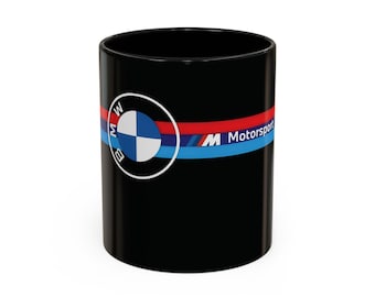 Taza de café BMW M Motorsport / Rayas de carreras de cerámica negra