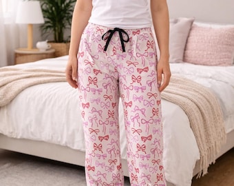 Pantalones de pijama con lazo rosa para mujer / Ropa de estar por casa con estampado integral