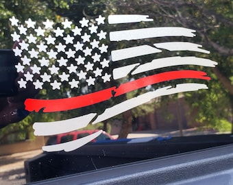 Thin Red Line Flag Decal Set of 2 | Waving Distressed Style USA Vinyl Sticker Pair | Firefighter Gift for Him Veteran