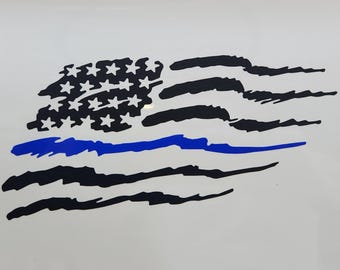 Thin Blue Line Flag Decal Set of 2 | Brush Style USA Vinyl Sticker Pair | Police Support Gift for Him Veteran