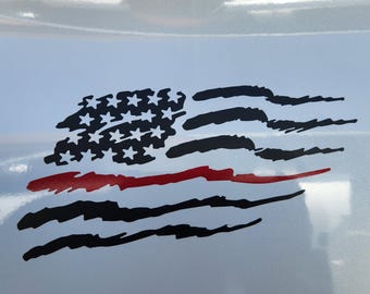 Thin Red Line Flag Decal Set of 2 | Brush Style USA Vinyl Sticker Pair | Firefighter Gift for Him Veteran
