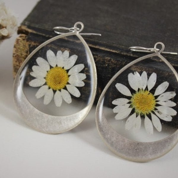 Real Flower Earrings, Nature Jewelry, Daisy Earrings, Botanical Jewelry, Gifts for Her, April Birth Flower, Resin Jewelry, Pressed Flowers
