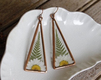 Real Fern Earrings, Real Daisy Earrings, April Flower, Mothers Day, Gift for Her, Resin Earrings, Pressed Flowers, Long Triangle Earrings