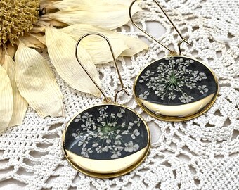 Real Flower Earrings, Organic Jewelry, Pressed Flowers, Gift for Her, Wedding Earrings, Resin Jewelry, Vintage Look, Wildflowers, Queen Anne