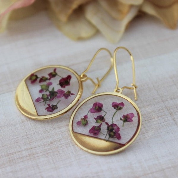 Real Flower Earrings, Nature Jewelry, Pink Alyssum Flowers, Gifts for Her, Pressed Flowers, Resin Jewelry, Flower Earrings, Circle Earrings