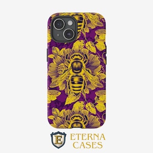 Bee and Floral iPhone Case Purple Yellow Aesthetic Honeybee Design Glossy Protective Cover Durable Shockproof Case iPhone 15 14 13