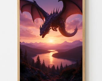 Mystical Dragon Wall Art, Fantasy Printable Poster, Digital Download, Dragon Decor for Home