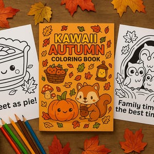 Könnte beinhalten: Ein orangefarbenes "Kawaii Autumn Coloring Book" ist von herbstlichen Zeichnungen und Dekorationen umgeben. Das Buch zeigt ein Eichhörnchen, einen Kürbis und Blätter. Zwei Malvorlagen tragen die Aufschrift "Sweet as pie!" und "Family time is the best time!"