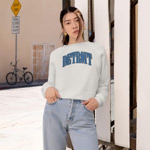 Detroit Football Cropped Fleece Sweatshirt, Blue and Silver Oversized Crewneck, Michigan Game Day Pullover, Trendy Streetwear for Women