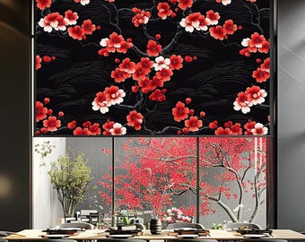 日本の桜柄ローラーブラインド　赤い桜の花　オリエンタルフローラルウィンドウシェード　アジアンデコレーションカーテン