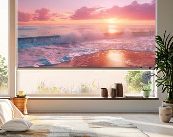 Coastal Sunset Roller Blind, Ocean View Window Shade, Blackout Light Filtering (Custom Size)