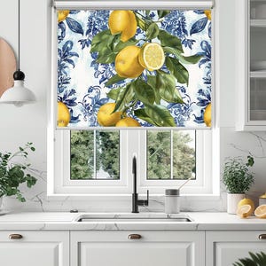 Blue Toile Lemon Roller Shade, Italian Kitchen Window Blind