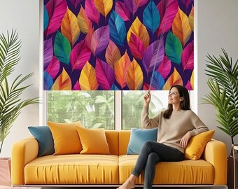 Colorful Leaf Roller Blind - Tropical Botanical Curtain - Modern Abstract Window Shade Decor