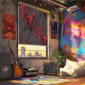 May include: A room with a colorful graffiti wall, a window with a red and black patterned shade, and a guitar. The shade features a red skull design. A stereo, a bean bag chair, and a rug are also visible.