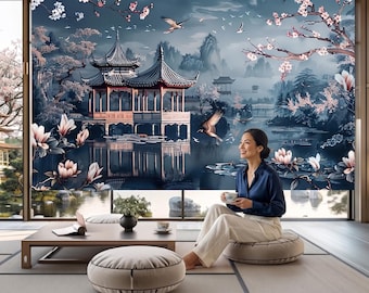 Asian Zen Landscape Roller Blind - Pagoda Sakura Curtain - Japanese Garden Window Shade Decor