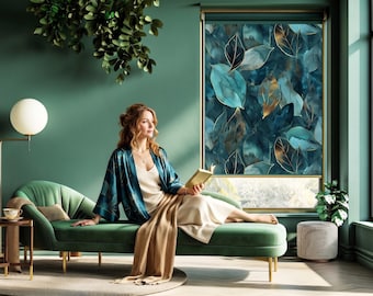 Estor enrollable con diseño de hojas botánicas / Estampado floral verde y dorado en acuarela / Cortina para ventana / Cortina inspirada en la naturaleza / Decoración moderna