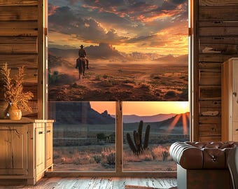Western Cowboy Roller Blind - Desert Sunset Curtain - Wild West Landscape Window Shade Decor