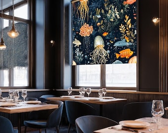 Estor enrollable opaco con diseño de vida marina - Medusas, peces y delfines - Decoración marina costera