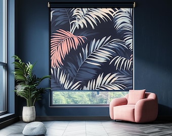 Tropical Palm Leaf Roller Blind | Navy Coral Botanical Window Shade | Modern Jungle Curtain Decor