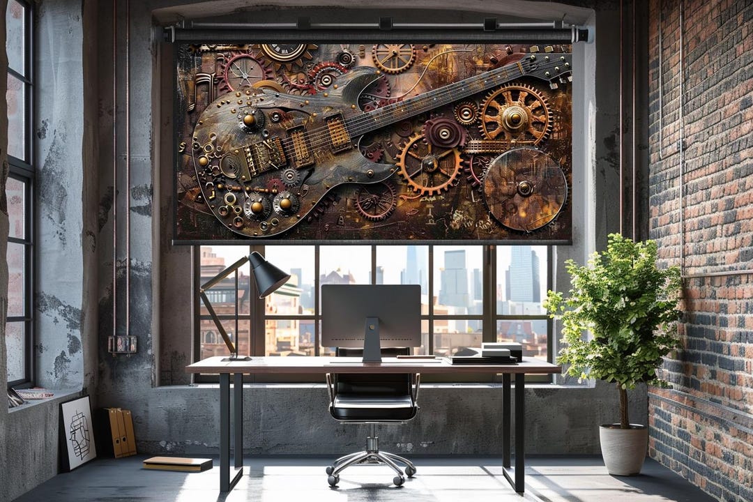 Steampunk Guitar Roller Blind Industrial Gear Music Window Shade ...