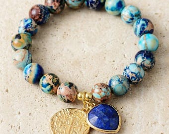 Pulseira de jaspe imperial, ametista e ônix com pingente de coração dourado, pulseira de contas de pedras preciosas coloridas, joia ideal para presente.