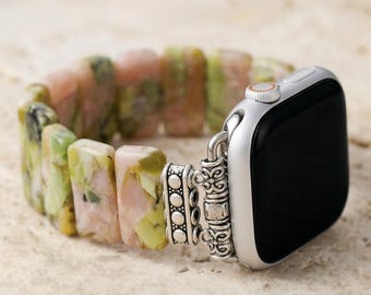 Zachte smartwatchband van zonnesteen en jaspis met goudkleurige kralen, gevlochten horlogebandje, verstelbare boho horlogearmband, cadeau voor haar