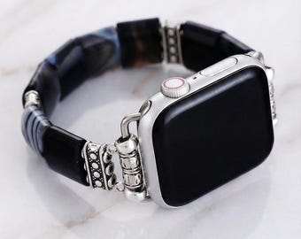 Horlogebandje van zwarte agaat | Armband van natuursteen | Cadeau voor vrouwen