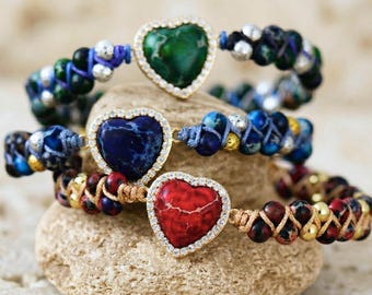 Armband met jaspishart en natuurstenen kralen, verstelbare armband in goudkleur, boho-cadeau voor haar, alledaags sieraad.