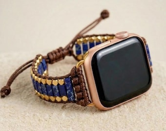Blauwe lapis lazuli Apple Watch-band met goudkleurige kralen, verstelbare smartwatch-band van gewaxt koord, boho horlogebandje voor haar