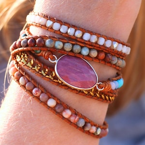 Boho Stacking Bracelet with Quartz Center Stone. Vegan Leather Wrap with Onyx, Crystal & Gemstone Beads