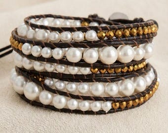 Parelarmband van leer. 5 rijen veganistische leren boho-armband met kralen. Cadeau voor haar.