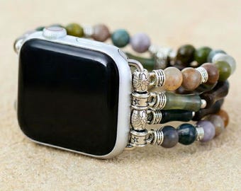 Steampunk onyx smartwatchbandje met gemengde natuurstenen kralen, zilverkleurige elastische horlogeband voor stellen, boho polssieraad, cadeau