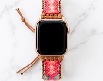 Koraalroze geweven Apple Watch-bandje met turquoise details, boho smartwatch-bandje, verstelbare armband van gewaxt koord in goudkleur