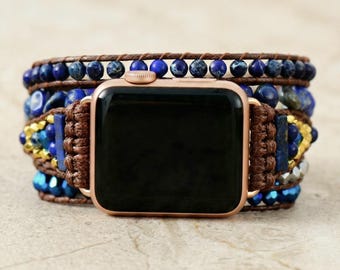 Blauwe lapis lazuli Apple Watch-band met goudkleurige details, boho-achtige kralen smartwatch-band, gewaxte koordarmband voor haar