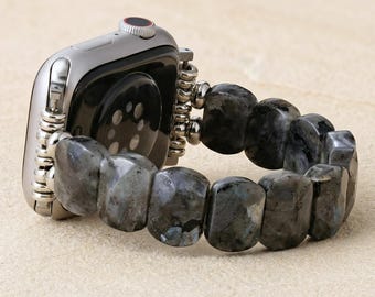 Labradorite stretchy gemstone smartwatch strap, natural stone apple watch band in silver tone style. Unique gift for Mom or Wife