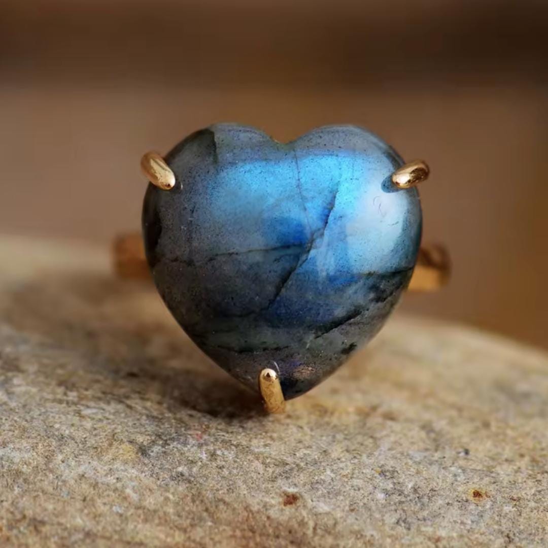 Labradorite Heart Ring Golden Adjustable Ring Boho Gemstone Jewelry…
