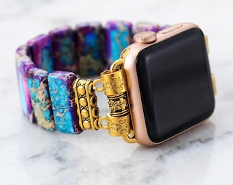 Paarse jaspis Apple Watch-band met goudkleurige details, boho stenen band, cadeau voor mama