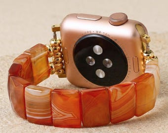 Pomarańczowy pasek do zegarka Apple Watch z karneolu z ogniwami z prążkowanych kamieni, elastyczny pasek do zegarka z kamieniami szlachetnymi, złota bransoletka do smartwatcha