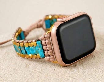 Turquoise smartwatchbandje met goudkleurige kralen en gewaxt koord, verstelbaar boho horlogebandje, lichtgewicht cadeau voor haar.