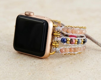 Zachte smartwatchband van zonnesteen en jaspis met goudkleurige kralen, gevlochten horlogebandje, verstelbare boho horlogearmband, cadeau voor haar