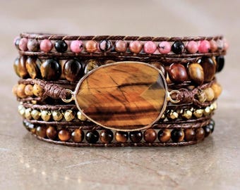 Armband met tijgeroogmotief, gemaakt van veganistisch leer, boho gelaagde armband, sieraad met edelstenen in aardetinten, cadeau voor haar.