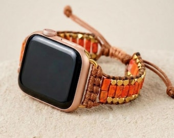 Oranje jaspis Apple Watch-bandje met goudkleurige kralen, verstelbare boho smartwatch-band van gewaxt koord, horlogebandje van natuursteen