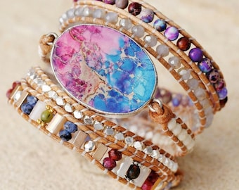 Armband van leer met keizerlijke jaspis - Boho natuurstenen sieraden - Helende kristallen armband voor vrouwen - Uniek bohemian cadeau voor haar