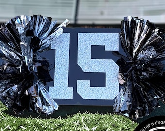 Op de afbeelding: Een zwart rechthoekig bord met het getal 15 in een groot, zilverkleurig glitterlettertype, geflankeerd aan beide zijden door volumineuze, metallic zilveren cheerleading pompons, geplaatst op een ondergrond van groen kunstgras.