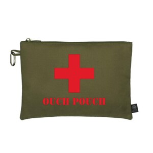 May include: A green canvas zippered pouch with a red cross and the text "OUCH POUCH" in red.