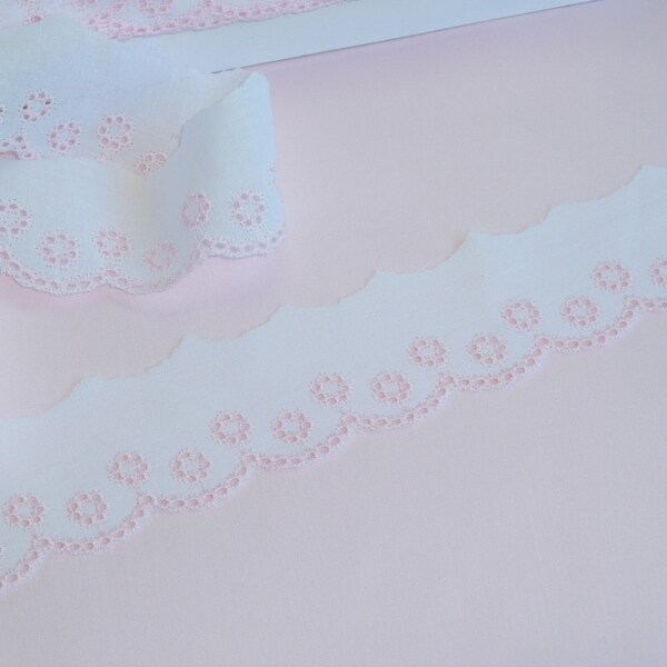 Pink on White, Blue on White and Yellow on White Scalloped Spanish Cotton Embroidered Edging