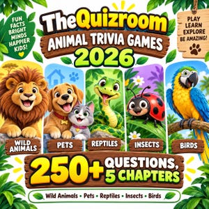 Pode incluir: A capa do livro The Quizroom Animal Trivia Games 2026 apresenta um leão, cão, gato, cobra, joaninha e papagaio. O texto inclui: Fun Facts Bright Minds Happier Kids!, Play Learn Explore Be Amazing!, 250+ Questions, 5 Chapters e categorias animais.