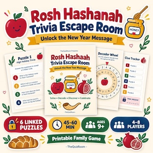 May include: A Rosh Hashanah trivia escape room printable game set featuring a central instruction card, puzzle sheet, decoder wheel, and clue tracker. The design includes illustrations of an apple, honey jar, pomegranate, and shofar with text.