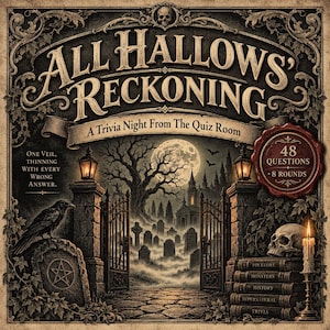 May include: A square game box cover titled All Hallows' Reckoning: A Trivia Night From The Quiz Room. The illustration features a graveyard gate, a full moon, a raven on a tombstone with a pentagram, a skull, and a stack of books with 48 questions.