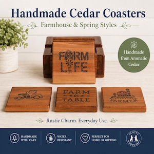May include: Handmade cedar coasters with farmhouse and spring styles. The set includes square coasters with engraved farm-themed designs and text. The coasters are displayed with a wooden holder.